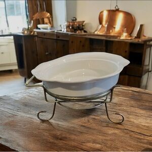 White Ceramic Casserole Dish with Metal Stand | Farmhouse Style
